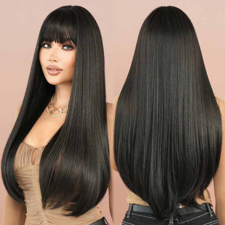 Synthetic wig bangs No. 28 natural black wig with brown roots and brown ends, dyed with natural layered highlights.