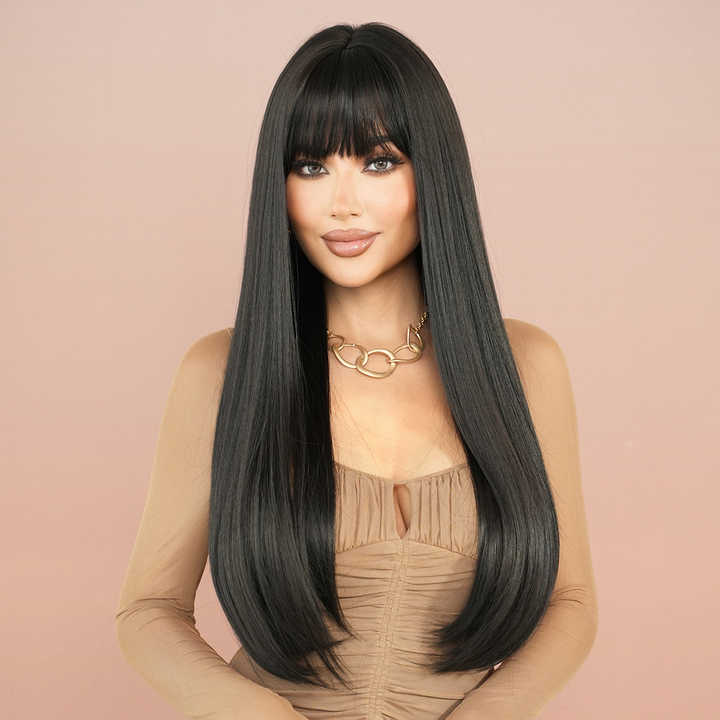 Synthetic wig bangs No. 28 natural black wig with brown roots and brown ends, dyed with natural layered highlights.