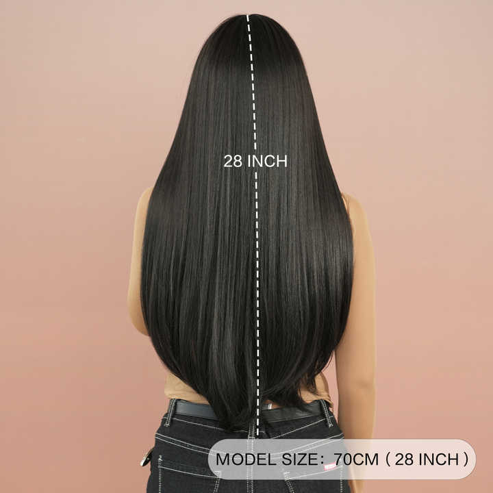 Synthetic wig bangs No. 28 natural black wig with brown roots and brown ends, dyed with natural layered highlights.