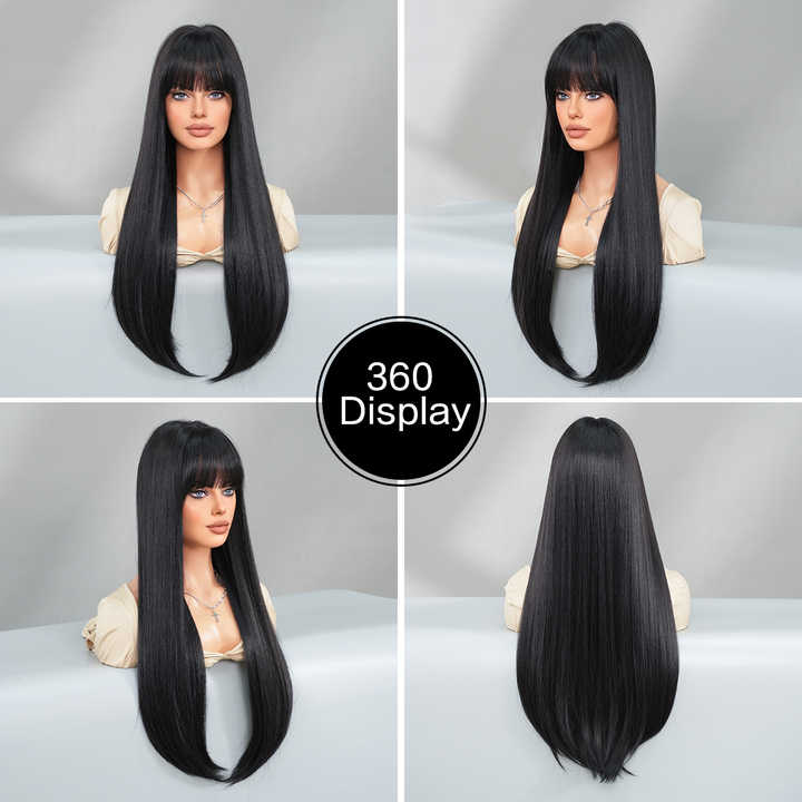 Synthetic wig bangs No. 28 natural black wig with brown roots and brown ends, dyed with natural layered highlights.
