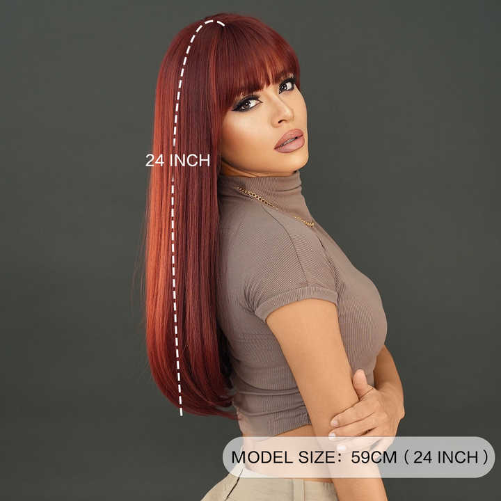 Wine-red wig for women with long straight hair, natural-looking bangs, fashionable, silky smooth, soft, and glossy hair.