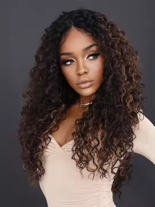 Highlight Black Blonde Lace Front Wig African Curly Black Women's Central Water Wave