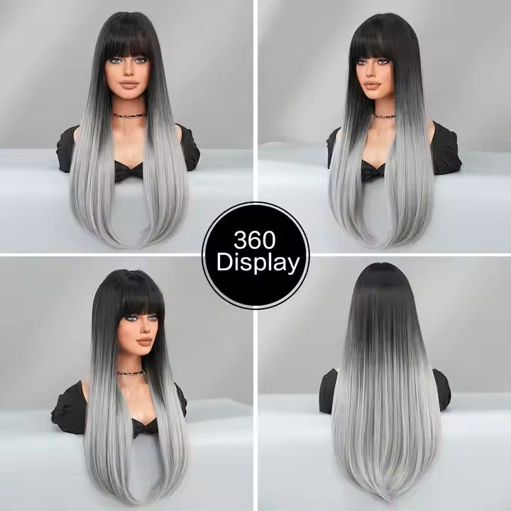 Long Straight Gray Black Wig With Bangs 28 Inch Black Wig