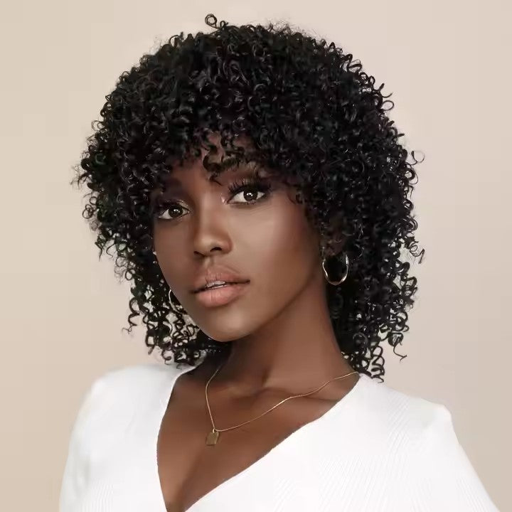 Short Curly Afro Wigs for Black Women, Soft & Natural Kinky Curly Wig, Glueless Synthetic Wig with Bangs, Natural Black Wig 16"