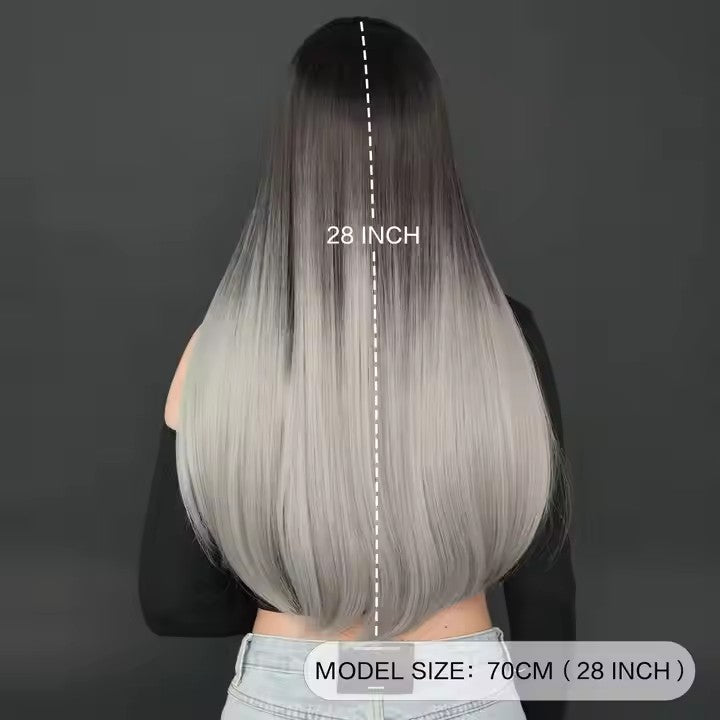 Long Straight Gray Black Wig With Bangs 28 Inch Black Wig